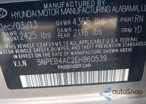 2014 Hyundai Sonata Gls from USA, damaged, VIN 5NPEB4AC2EH860539